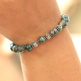 Black Labradorite Beaded Stretch Bracelet in Sterling Silver Om and Swastika Beads